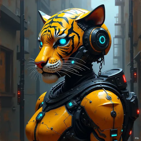 "Create an expressionist painting of a futuristic helmet robot with a striking, intricate tiger mask featuring mechanical details. urban style. Use bold, expressive brush strokes to evoke emotion, incorporating a palette of stark golden, blacks, and grays,...