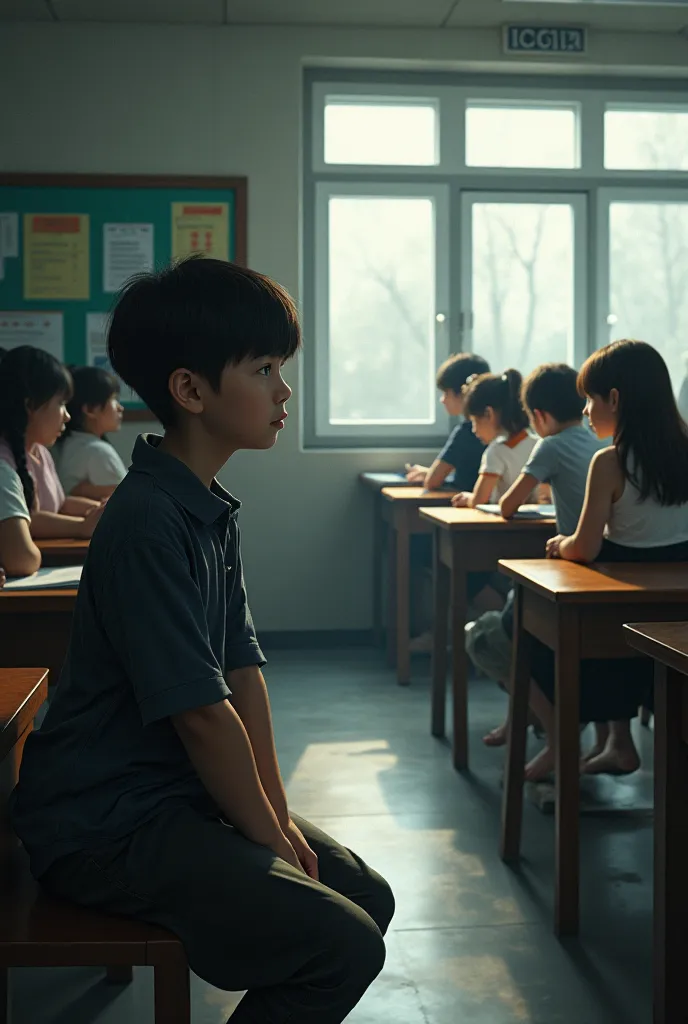 Classroom full of students. A boy sitting on the 2nd bench of doorside looking at the girl sitting at the window side 