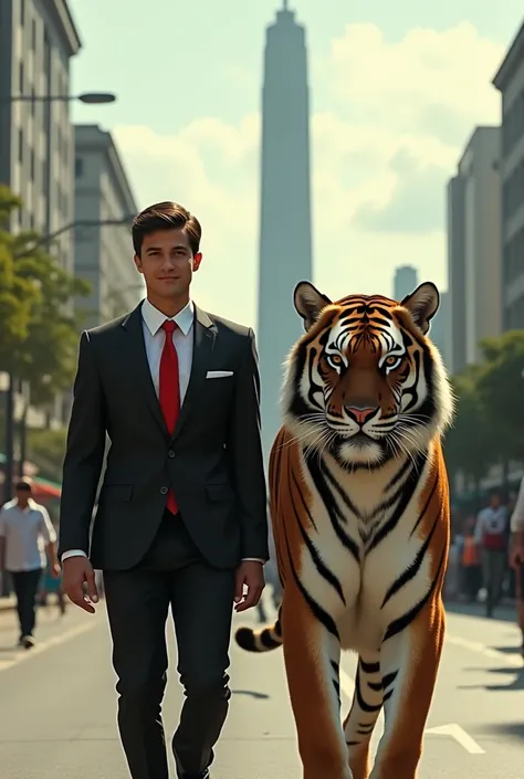 young man perlente wearing black suit white shirt with red tie side by side with a big tiger walking in Jakarta city Monas 