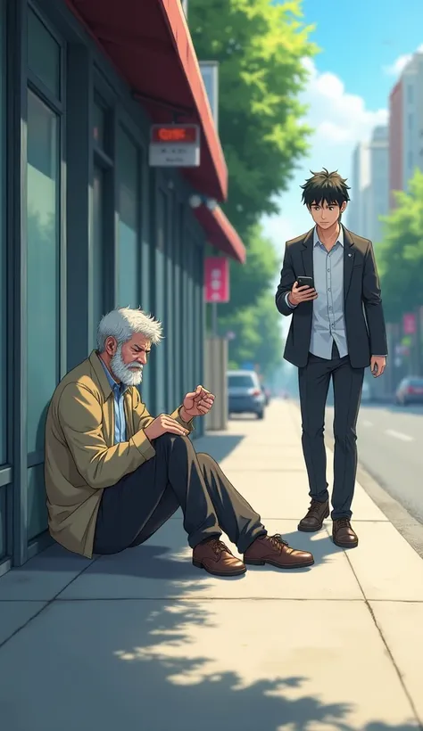 An anime style, A quiet street with a middle-aged man sitting on the sidewalk, looking exhausted and holding his leg as if in pain. He reaches out slightly, as if asking for help. Nearby, a young adult in business casual attire walks past without stopping....