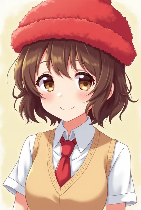 An anime-style high school girl wearing short brown hair with slightly red hair, brown eyes, a red tie over a white shirt, and a beige vest over it, wearing a smiling red furry hat