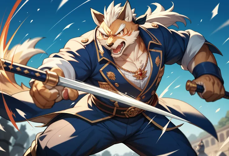 top quality, high-quality illustrations((masterpiece))depth of field, motion blur, absurdres, Perfect Anatomy, magnificent picture of kemono fighting fierce battles, kemono, 1boy, solo focus, Anthro((dramatic))epic, weapon, dynamic pose, One scene of movie...