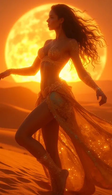 ((Masterpiece, top quality, high resolution, highly detailed CG unified 8K wallpaper)), (exotic and mesmerizing, radiant beauty, slender and dynamic figure:1.3), (dancing gracefully on golden sands with a desert sunset in the background, flowing pose), (vi...