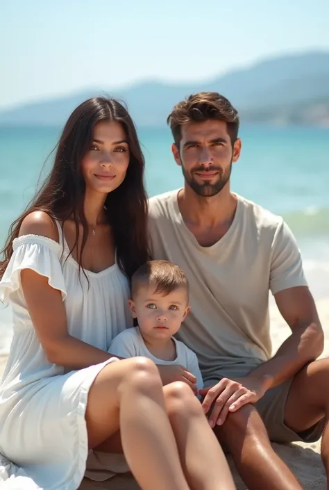  High quality,  8k Ultra HD ,  realistic portrait of a man and a woman with a two-year-old , sitting on the seashore. The mockup is centered on . The woman has long, straight dark brown hair and fair skin.  Her facial features include plump lips and brown ...