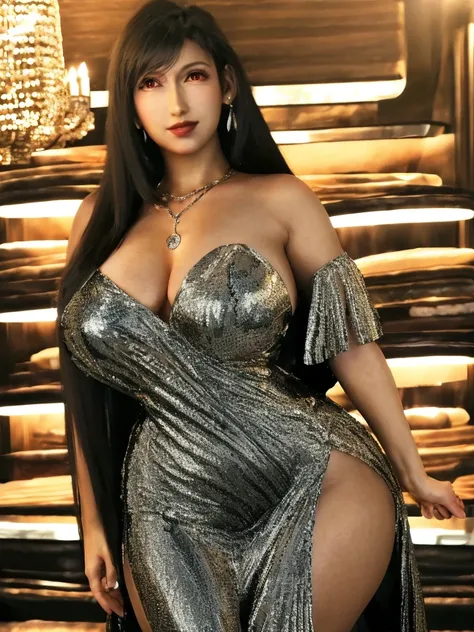 Tifa lockhart,Fancy earring,Make up,Red eyes,red lipstic,Fullbody view,gorgeous necklace,yellow evening dress,shoulder lenght hair with natural wave,Curvy figure,Big breast