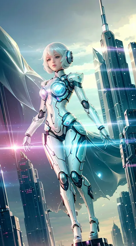 Translucent ethereal mechanical girl，Futuristic girl，Mechanical joints，futuristic urban background