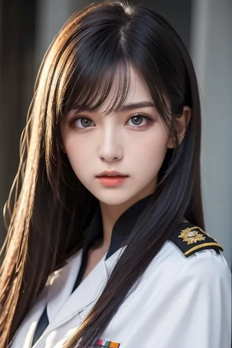  white girl with long black hair is wearing a military uniform,  Orange Cape , Big hazel eyes,  Science Fiction , Dark mood, 