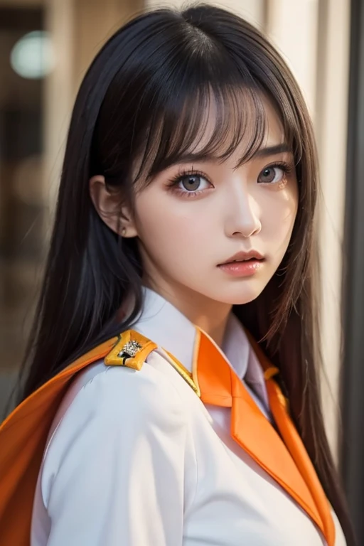  white girl with long black hair is wearing a military uniform,  Orange Cape , Big hazel eyes,  Science Fiction , Dark mood, 