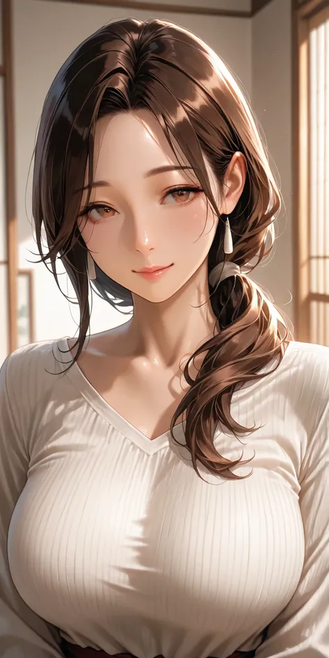 Masterpiece, very aesthetic, vibrant, high contrast, mature woman, japanese housewife, long hair, brunette, long sleeve shirt, upper body, best quality, home, semrealistic