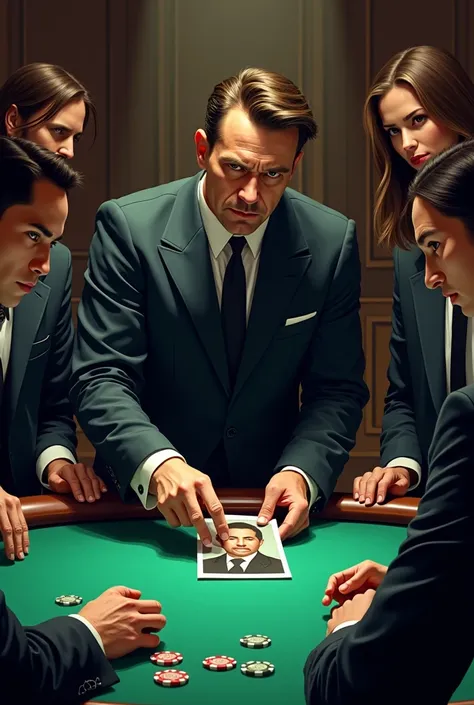 Illustration of a male casino dealer putting a picture of a suspect in a card game