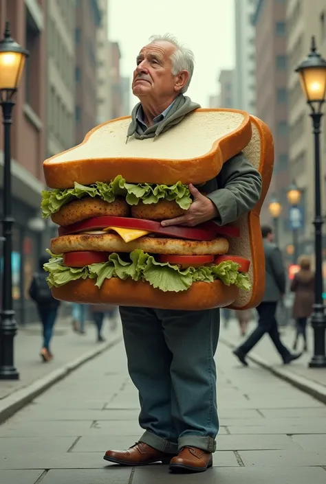 2d image of a tired-looking man wearing a sandwich costume, body slightly bent, standing on the sidewalk