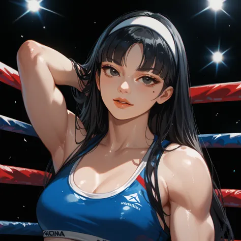  Masterpiece,  TOP QUALITY,  high resolution, 1girl ,kwkm , black eyes, black hair, long hair, blunt bangs, parted bangs, white hairband, mole under eye,women's pro wrestling costume、