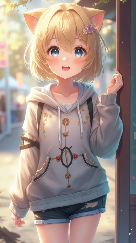 ( Masterpiece), ( top quality), ( illustration ), ( very detailed), ( high resolution),  one girl, ( vocaloid), smile,  short hair,  (  Hoodie with Cat Ears), Wear a hoodie ,  Moe sleeve , ,  black shorts, ( blond), (  light blue jeans ),  very cute girl ,...