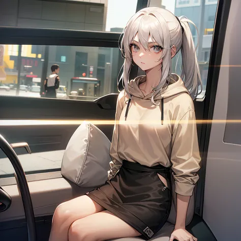  in the seat, (woman:1.0), human, ,  ponytail, ( Silver Hair:1.2,  slim figure,  Breaking Casual Style ,   Beige Simple Design Hoodie ,   Black Sakosh Over Shoulder  , BREAK Anime Style  ,  rape、I'm asking for help