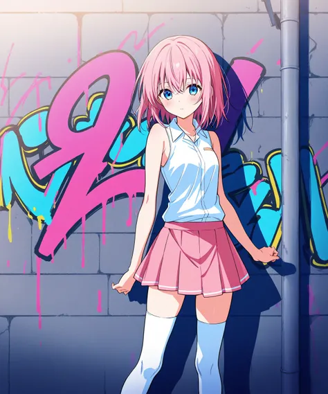 very beautiful & cute anime girl with long pink hair & blue eyes, wearing a pink skirt & a white sleeveless shirt with pink trims on it, white knee-high socks, standing in front of a graffiti wall, 1girl, solo