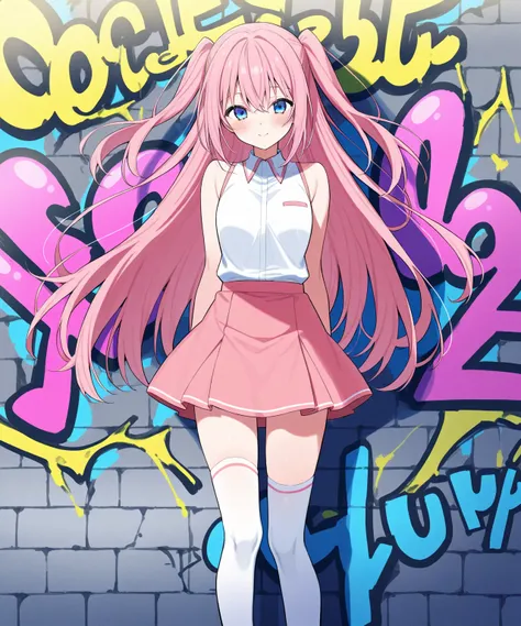 very beautiful & cute anime girl with long pink hair & blue eyes, wearing a pink skirt & a white sleeveless shirt with pink trims on it, white knee-high socks, standing in front of a graffiti wall, 1girl, solo