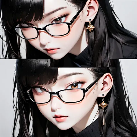 A  、 black rimmed glasses 、Single-sided earring、Korean 3/7 distribution types、Close-up photo、Single eyelid