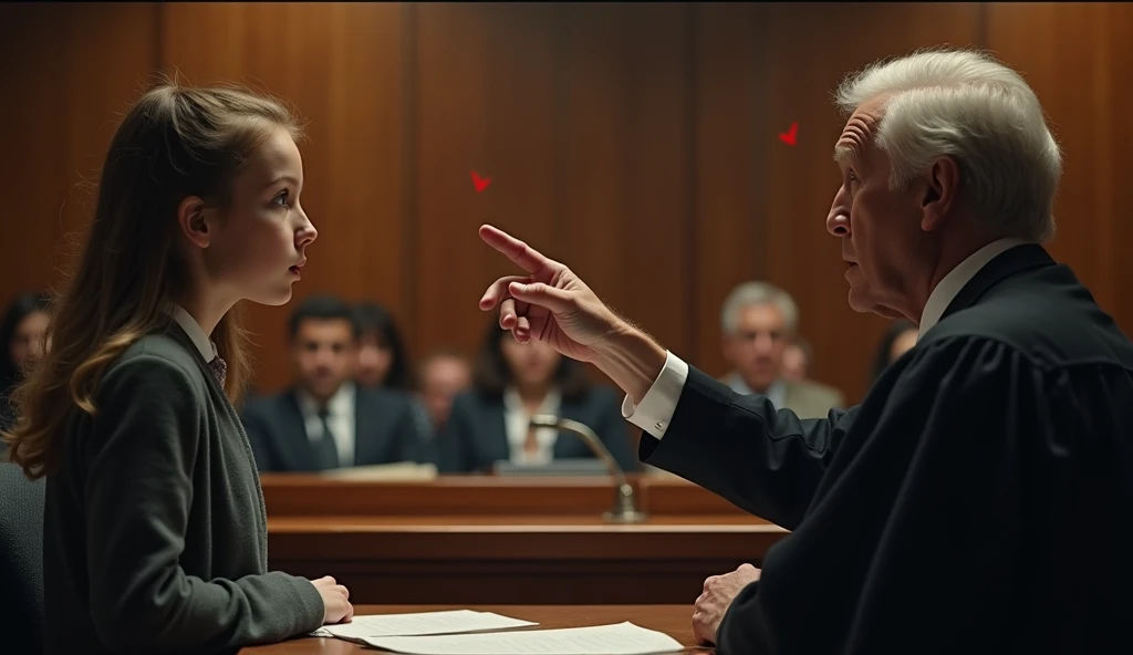 " Create an image of a dramatic courtroom scene with a young girl  (about  ) pointing at a judge .  The judge is an older man with a stern look ,  holds a hammer midway as if in surprise .  Crowded courtroom the viewer in the back ,  and have dramatic ligh...