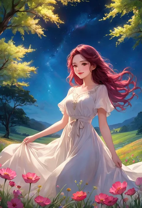 intense ink painting、white loose flowing long dress、Clear brown eyes 、 pink lips、 Perfect Face 、 petite and perfect style 、 long bright maroon hair 、 look at me and smile、Wild flowers in the grassland 、 giant tree with green branches and leaves 、 colorful ...