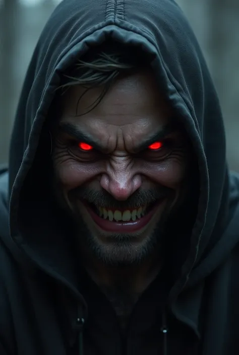 a close up of a person in a hoodie with a scary face, evil smile and glowing eyes, photorealistic dark concept art, fantasy art smug smile man, wojtek fus, guillem h. pongiluppi, dark hooded wraith, dark cloaked necromancer, hooded cloaked sith lord, wide ...