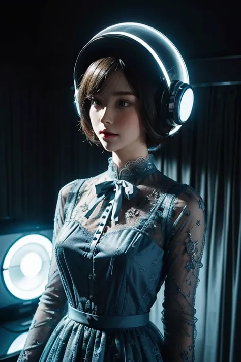 A mannequin dressed in a vintage lace dress with a high collar stands in a minimalist room. The mannequin's head is replaced with a retro-futuristic helmet that has a large, curved screen displaying a blue, digital waterfall scene. The striking contrast be...