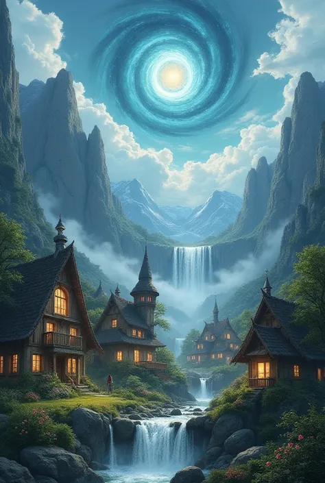 A village with a fantasy atmosphere, featuring cottage-style architecture, surrounded by the world’s tallest mountains. The scene includes waterfalls, mist, and a mysterious swirling vortex in the sky.