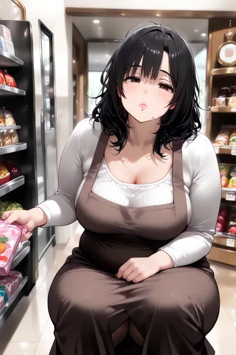 
nsfw,
1woman,
black hair,
medium hair,messy hair,
house wife,
mature female:40year-old,(aged up),
(Round face:1.5),droopy eyes,beauty mark,mole under mouth,little fang,
thick lips,
(Short stature:1.2),(Chubby:1.1),medium breasts,
long skirt,shopping,squat...