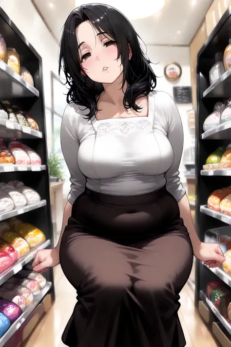 
nsfw,
1woman,
black hair,
medium hair,messy hair,
house wife,
mature female:40year-old,(aged up),
(Round face:1.5),droopy eyes,beauty mark,mole under mouth,little fang,
thick lips,
(Short stature:1.2),(Chubby:1.1),medium breasts,
long skirt,shopping,squat...