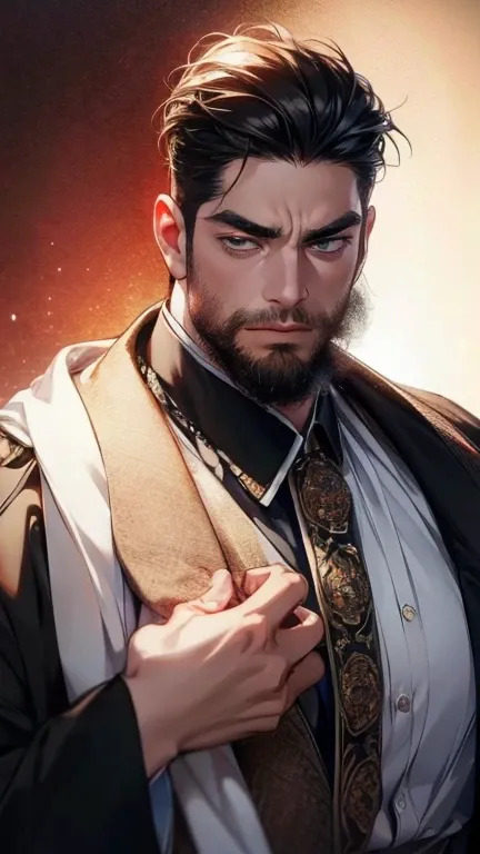 (       ,4K,8k,       highres,       masterpiece :1.2),       ultra-detailed    ,(realistic,photorealistic,photo-realistic:1.37),36-year-old man,3 day beard,Beautiful anime,Portraits,strong,Masculine,        with black hair  ,sharp jaw,             mesmeri...