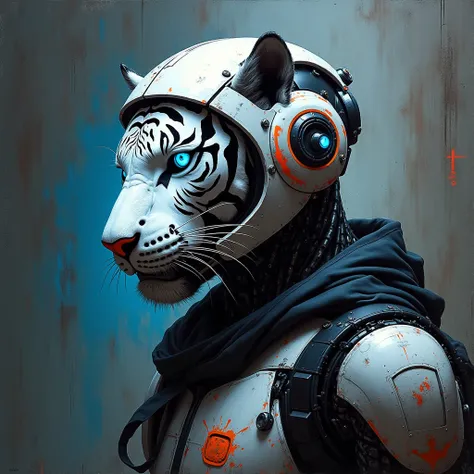 "Create an expressionist painting of a futuristic helmet robot with a striking, intricate cybernetics tiger mask featuring mechanical details. urban style. Use bold, expressive brush strokes to evoke emotion, incorporating a palette of stark whites, blacks...