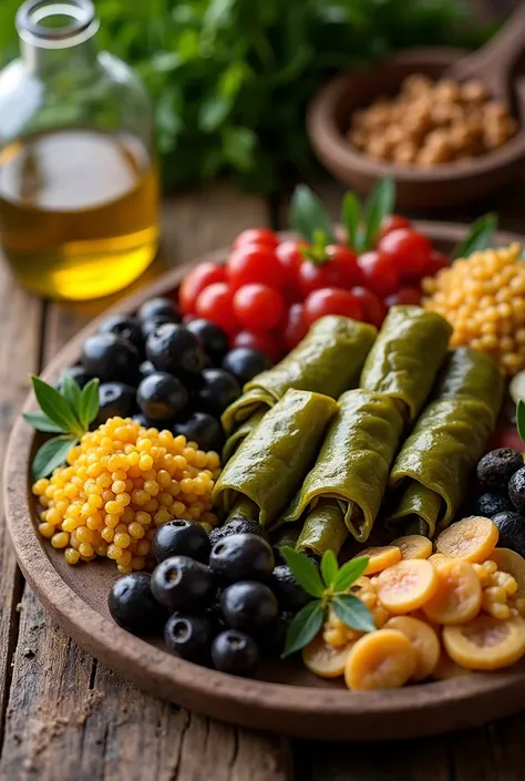 A platter of Albanian appetizers, including stuffed grape leaves, olives, and zeytinyağlı beans, placed on a rustic wooden table."