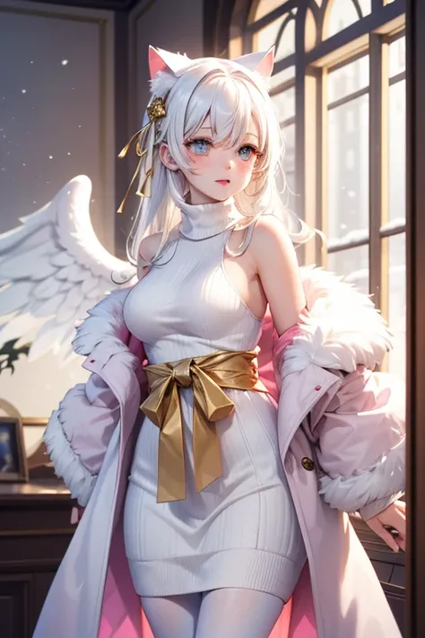 One girl, Milky white hair, shoulder-length hair ,Iris heterochromia of the eyes (bright gold)   I drew eyeliner around my eyes, Wear a faux fur long coat,white winter turtleneck long dress, white tights,Big angel wings growing from the waist, big ribbon,c...