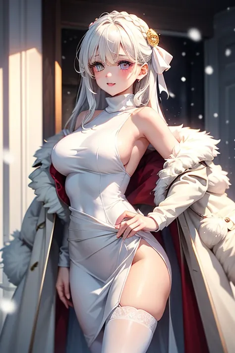 One girl, Milky white hair, shoulder-length hair ,Iris heterochromia of the eyes (bright gold)   I drew eyeliner around my eyes, Wear a faux fur long coat,white winter turtleneck long dress, white tights,Big angel wings growing from the waist, big ribbon,c...