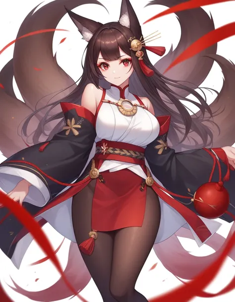 Akagi, azur lane, Detailed design,  fox ears , nine tails,  long dark brown hair ,  crimson red eyes,  thick eyelashes, dark brown wide-sleeve robe,  white blouse,  belt with an emblem,  yellow ornaments , red ornaments, red miniskirt, dark brown tights, p...