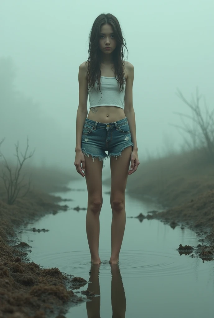 A young girl is standing in short shorts with cancer wet