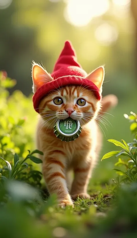 A cute orange cat with an adorable expression is walking through a lush green garden. It is wearing a funny red hat that sits slightly tilted on its head, adding to its playful charm. The cat is carrying a shiny bottle cap in its mouth, which glistens unde...