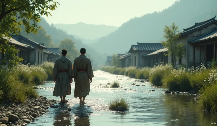 Two men with their full faces walk towards a flowing river in a small village