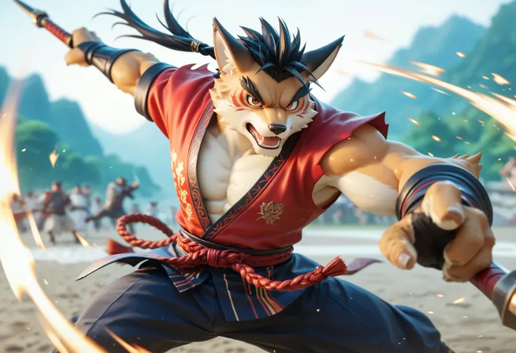 top quality, high-quality illustrations((masterpiece))depth of field, motion blur, absurdres, Perfect Anatomy, magnificent picture of kemono fighting fierce battles, kemono, 1boy, solo focus, Anthro((dramatic))epic, weapon, dynamic pose, One scene of movie...