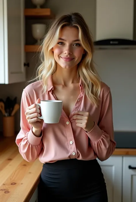  A beautiful smiling woman, standing in a cosy kitchen, with a white mug of coffee in her hand, kitchen has pine worktops and white units. She is, wearing a pink blouse and black tight skirt Realistic:1.1, (photorealistic, 8k, RAW photo, premium quality, m...