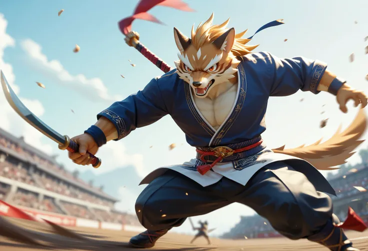 top quality, high-quality illustrations((masterpiece))depth of field, motion blur, absurdres, Perfect Anatomy, magnificent picture of kemono fighting fierce battles, kemono, 1boy, solo focus, Anthro((dramatic))epic, weapon, dynamic pose, One scene of movie...