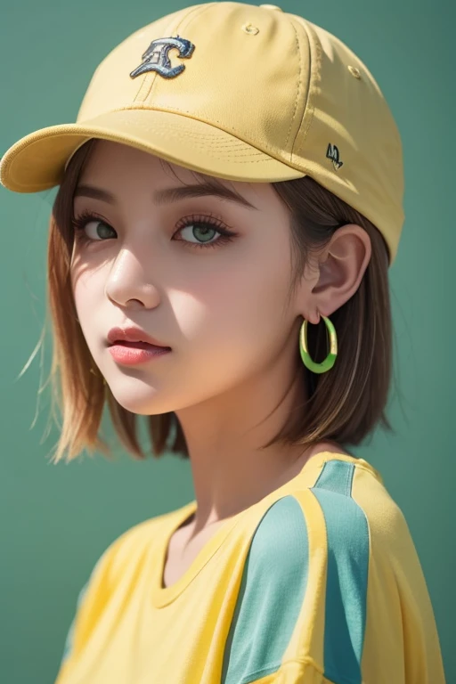  Masterpiece,  best quality ,  1 girl,   aqua eyes,  baseball cap, Blonde,  closed,  earrings, Green background,  has , hoop  earrings,   jewelry,  Watch viewers,  shirt,  short hair,  simple background, Alone,  upper body, yellow  shirt 