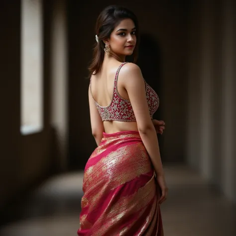 A full-body portrait of a stunningly beautiful young woman wearing a traditional saree. Highly realistic with intricate details, soft and natural skin texture, and rich fabric patterns. Showing her curvy ass. Butt. Cinematic lighting with a balanced contra...