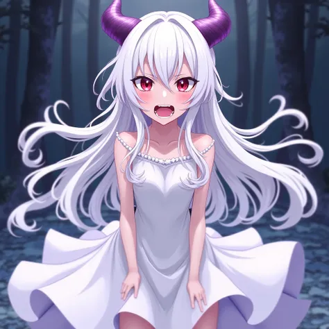 Girl with long white hair,  red eyes,  two small horns,  dress, white dress,  facial expression of anger and laughter by Spcopata, In the animation style of Black Clover Mappa. 