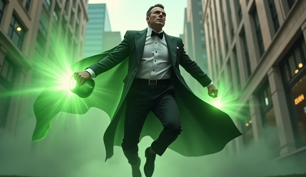 Make a super heroes using a green little gas cylinder, he wear tuxedo lika an official (government)