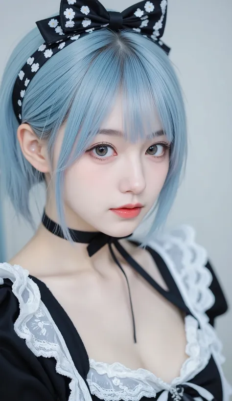 A young woman with short, pastel blue hair styled with a black headband featuring white flowers and ear-like accents. She wears a black and white maid outfit, adorned with lace and ribbons, and has striking blue eyes highlighted with makeup. The background...