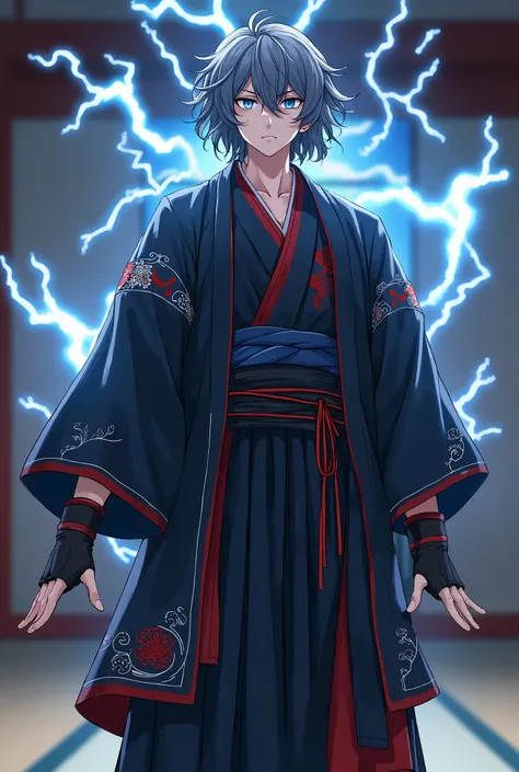 [[ masterpiece,  better quality]] 8K, HDR-10,  ultra detailed,  professional light ,  cinematographic lighting, man, , tall 170cm ,  blue eyes, dark gray wavy hair half hair up to the shoulders,  in good physical shape ,  dressed in a black men's kimono wi...