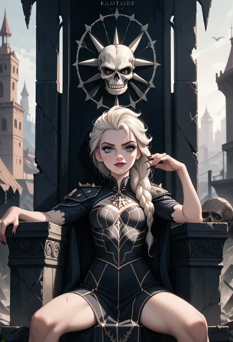 elsa sitting on throne of skulls,outdoors,looking at viewer,apocalyptic atmosphere,end of the world,elsa looks hungry,very skinny,wearing body armor,battle scars,warrior,cinematic lighting,dark moody colors,dramatic shadows,digital art,concept art,hyperrea...