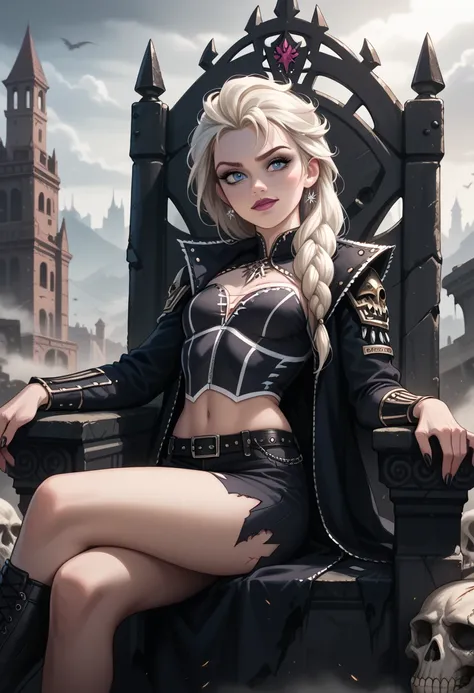 elsa sitting on throne of skulls,outdoors,looking at viewer,apocalyptic atmosphere,end of the world,elsa looks hungry,very skinny,wearing body armor,battle scars,warrior,cinematic lighting,dark moody colors,dramatic shadows,digital art,concept art,hyperrea...