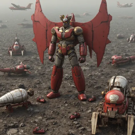   in a very realistic version of the smart Great Mazinger that has been modified by adding gold metal connections to the red wings and fuselage、 standing 100 meters high in combat positions .thunder　 huge heavy equipment and mechanical beasts 　Fortress in ...