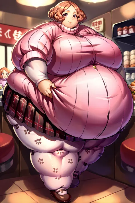 score_9, score_8_up, score_7_up, source_anime, BREAK 1girl, looking at you, smile, defHaru, short hair, pink ribbed sweater, turtleneck sweater, short over long sleeves, plaid skirt, pleated skirt, print pantyhose, fat, chubby, obese, gigantic arms and leg...